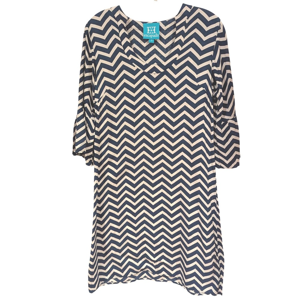 Escapada Navy Blue White Chevron V-Neck Shift Dress Bell Sleeve Size S Rayon